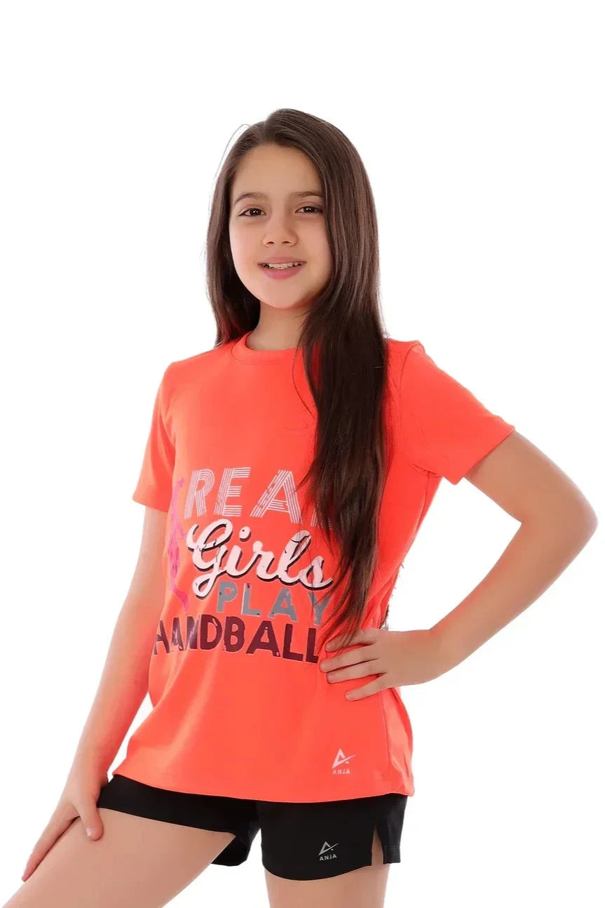 Real Girls Play Handball Graphic T-Shirt - Neon Orange