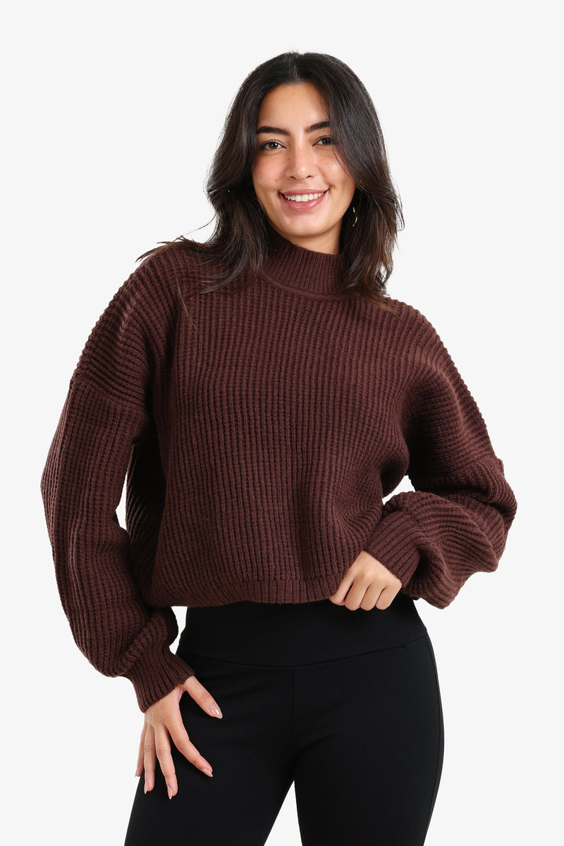 Acrylic Knit High Neck Pullover – Dark Brown
