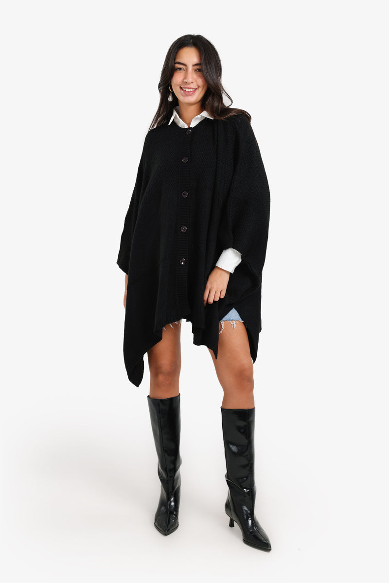 Acrylic Blend Solid Asymmetrical Buttoned Poncho – Black