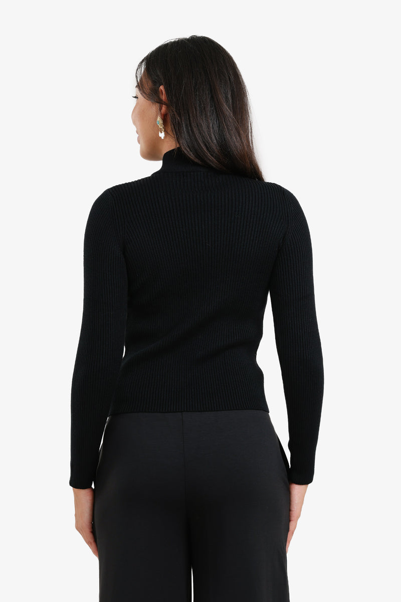 Wool Ribbed High Neck Pullover – Black