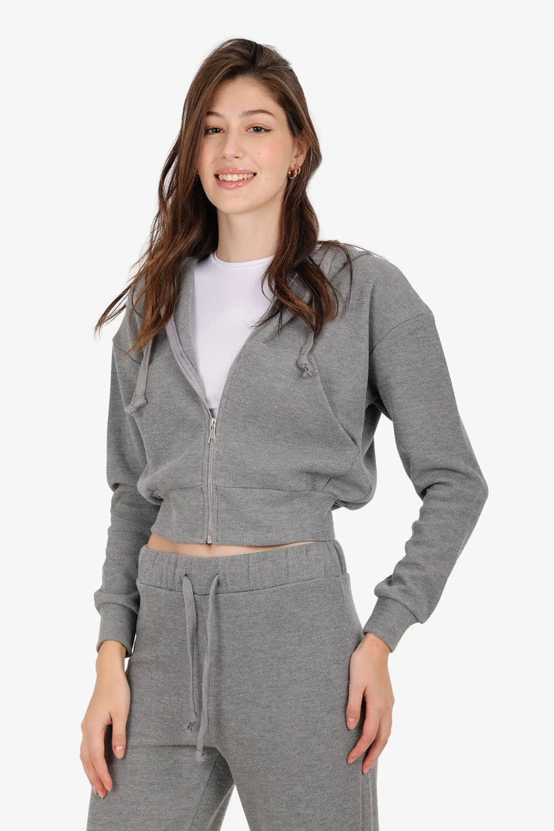 Cotton Blend Ribbed Zipped Hoodie – Grey