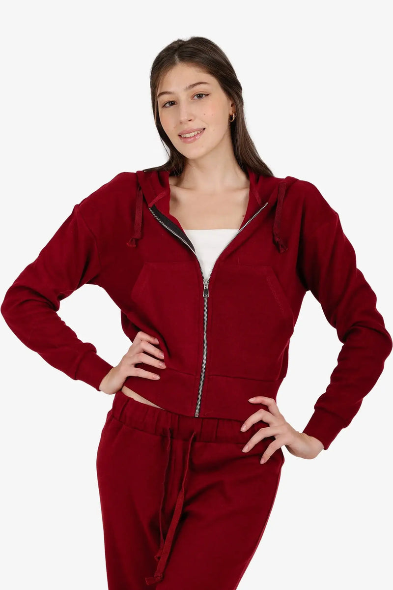 Cotton Blend Ribbed Zipped Hoodie – Burgundy
