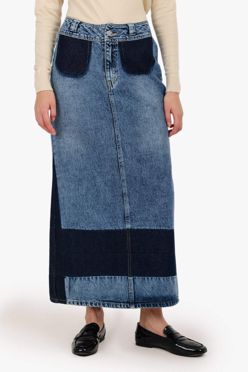Denim Two-Tone Maxi Skirt – Blue