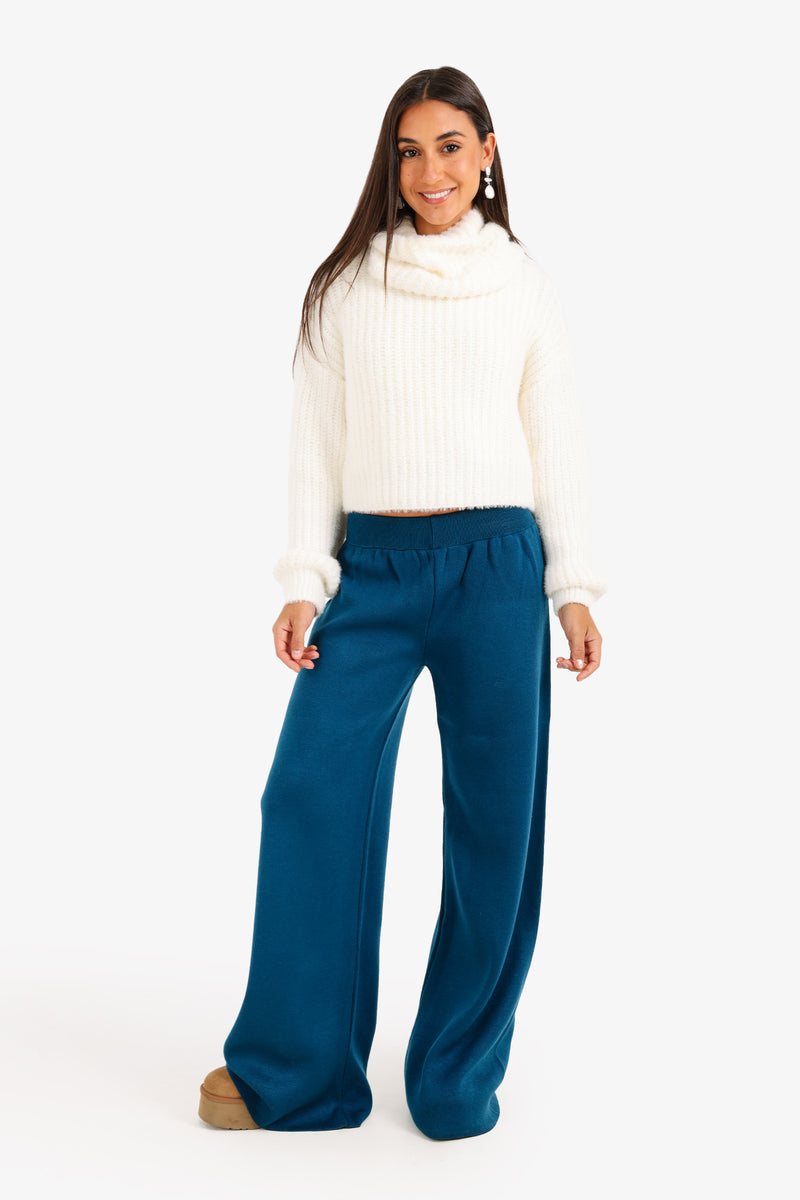 Acrylic Solid High-Waisted Lounge Pants – Blue Petroleum