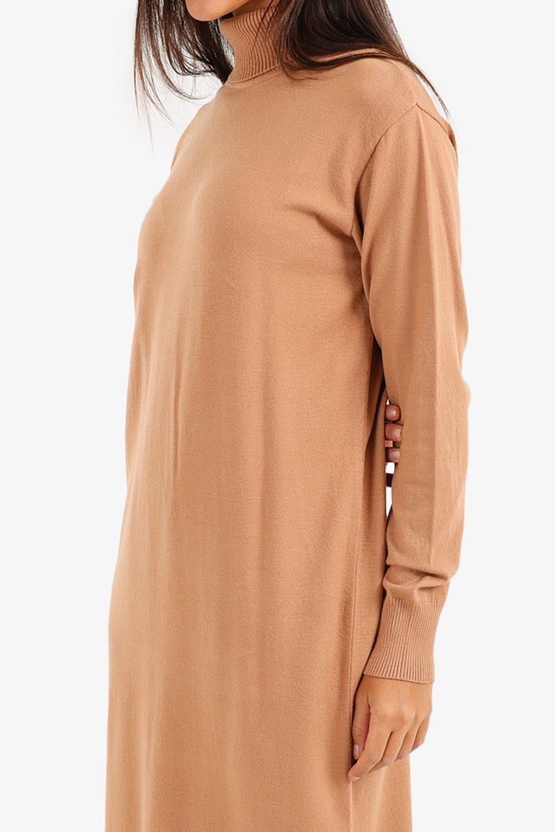 Viscose Knit Turtle Neck Midi Dress – Camel