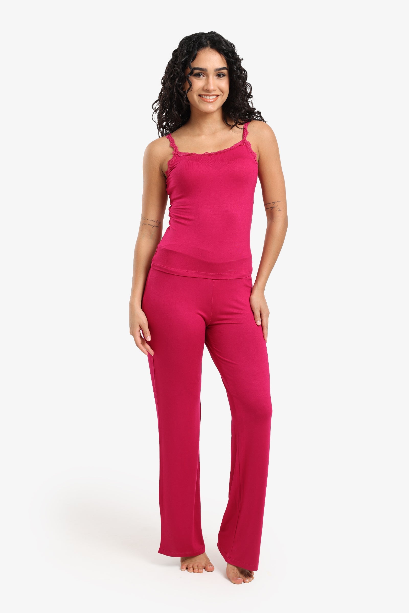 Lace Trim Slim Pajama Set – Fuchsia