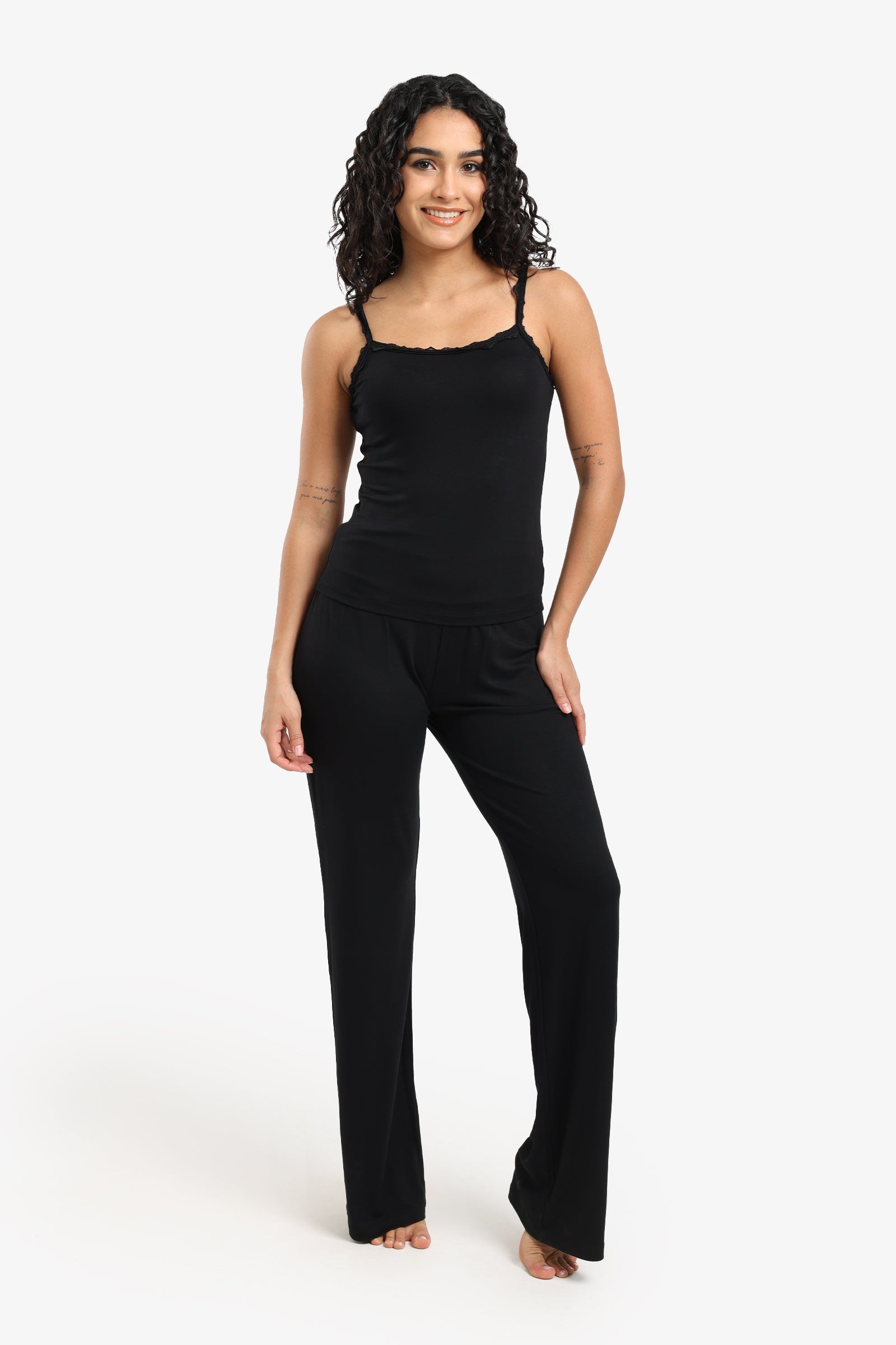Solid Lace Trim Camisole Pajama Set – Black