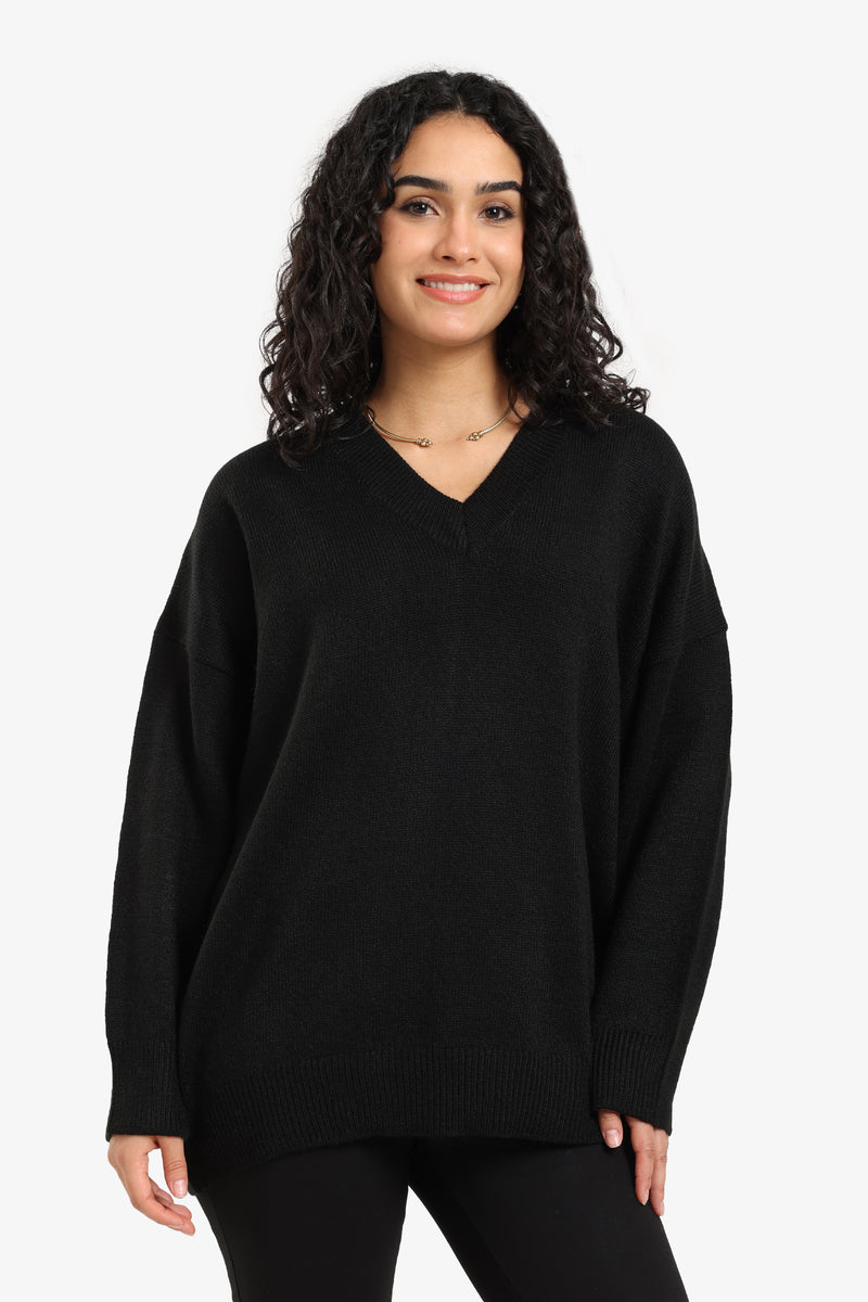Acrylic Blend Ribbed Trim Knitted Pullover – Black