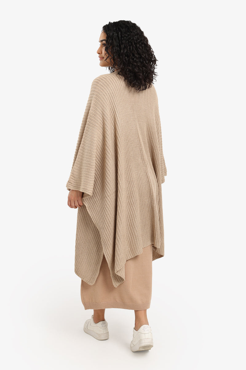 Acrylic Knitted Pattern Poncho – Beige