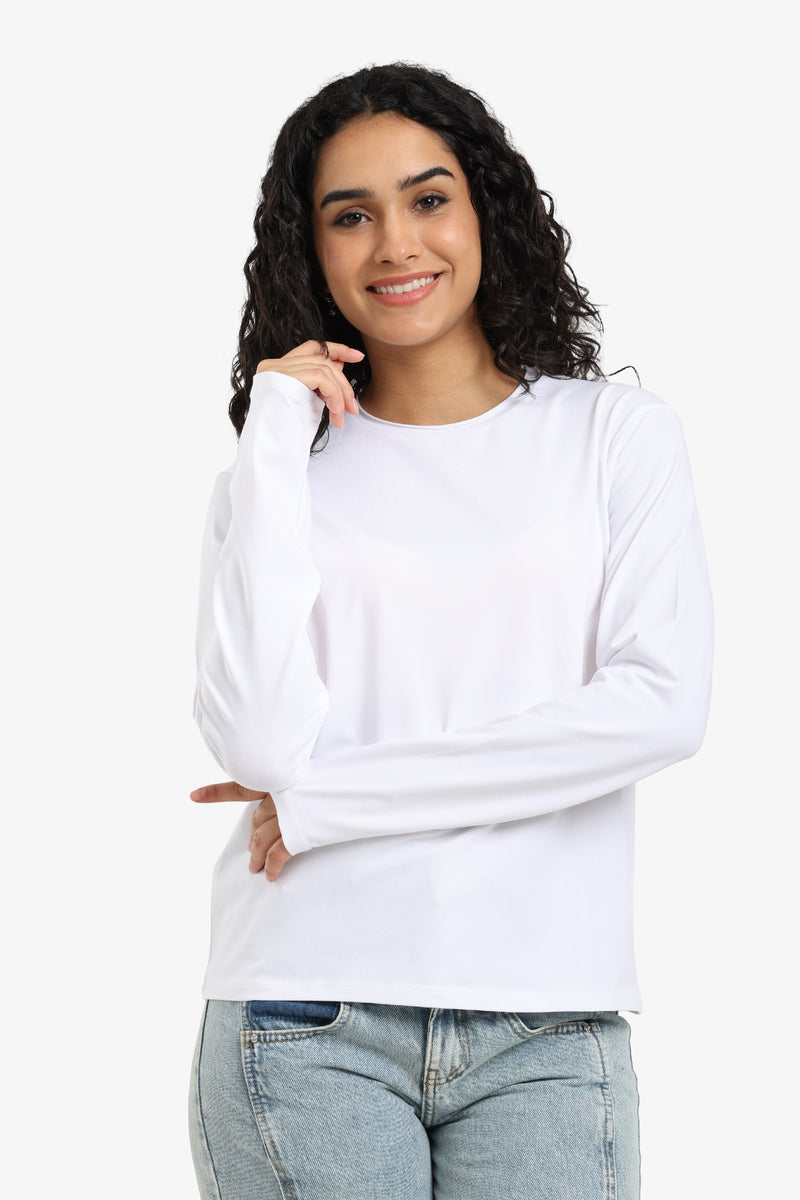 Solid Crew Neck Long Sleeve T-Shirt – Off White