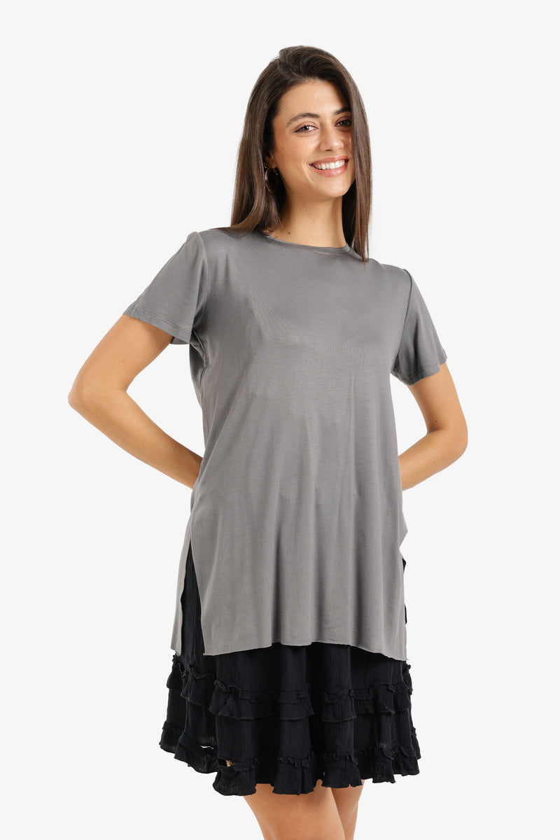 Solid Longline Relaxed T-Shirt – Grey