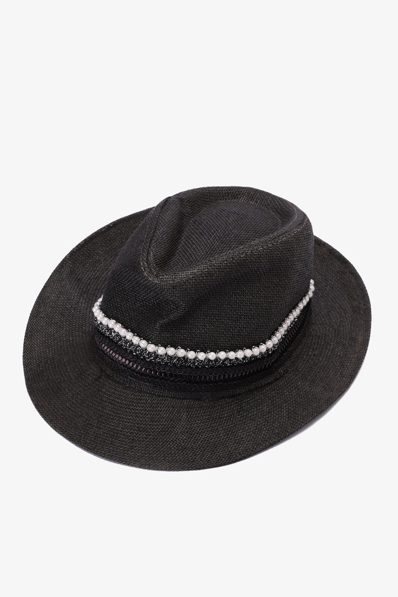 Pearl Embellished Straw Beach Hat - Black