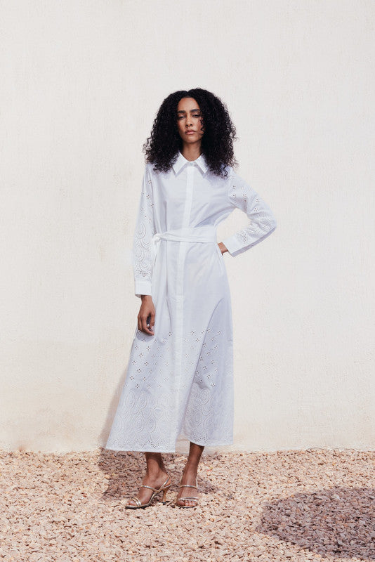 Eyelet Broderie Belted Shirt Dress – White