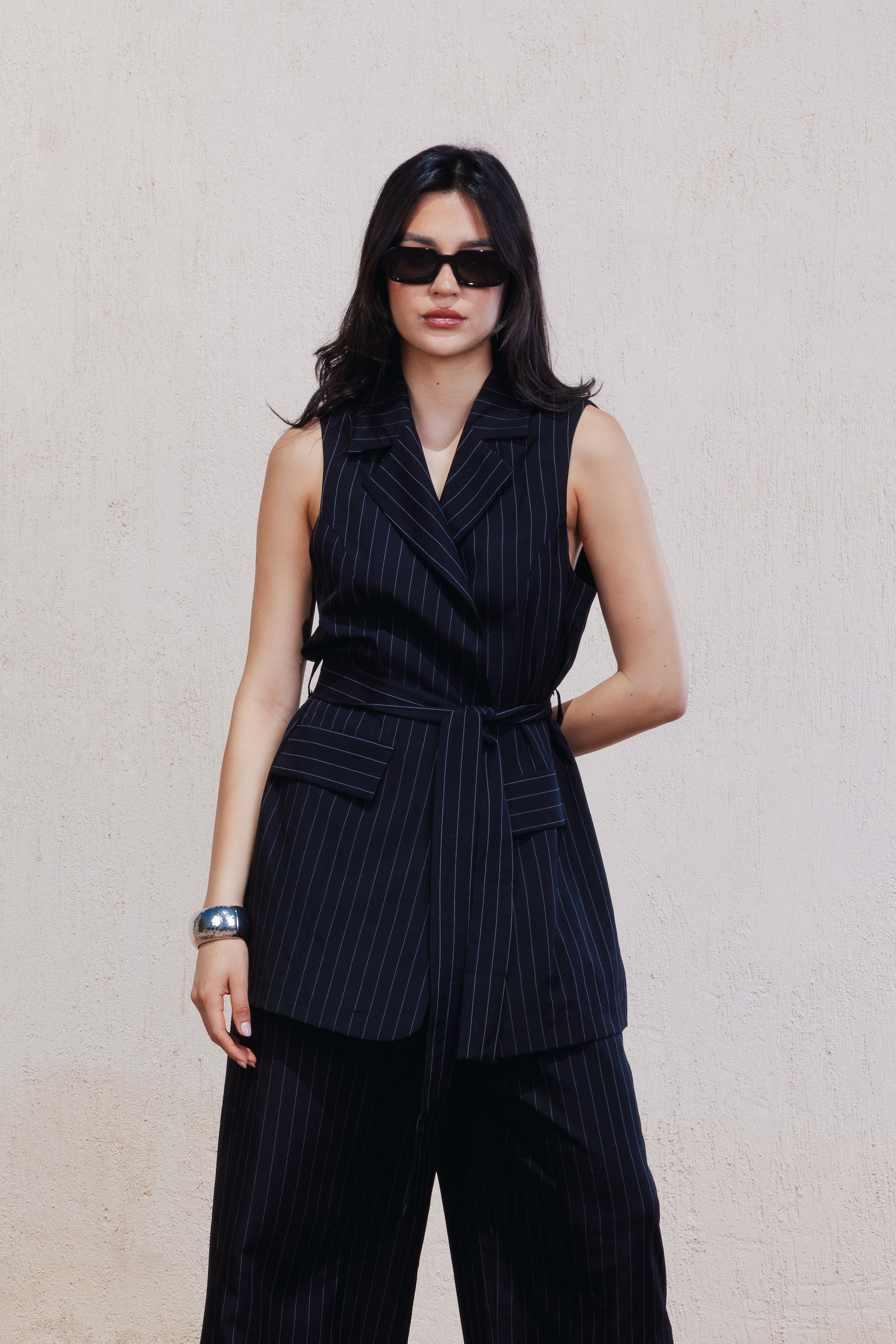 Pinstripe Tie-Back Vest - Black