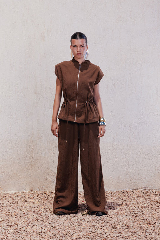 Wide-Leg Fluid Drape Pants – Dark Brown