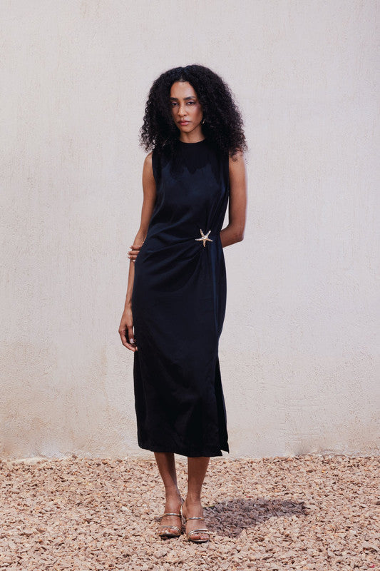 Sleeveless Draped Midi Dress – Black