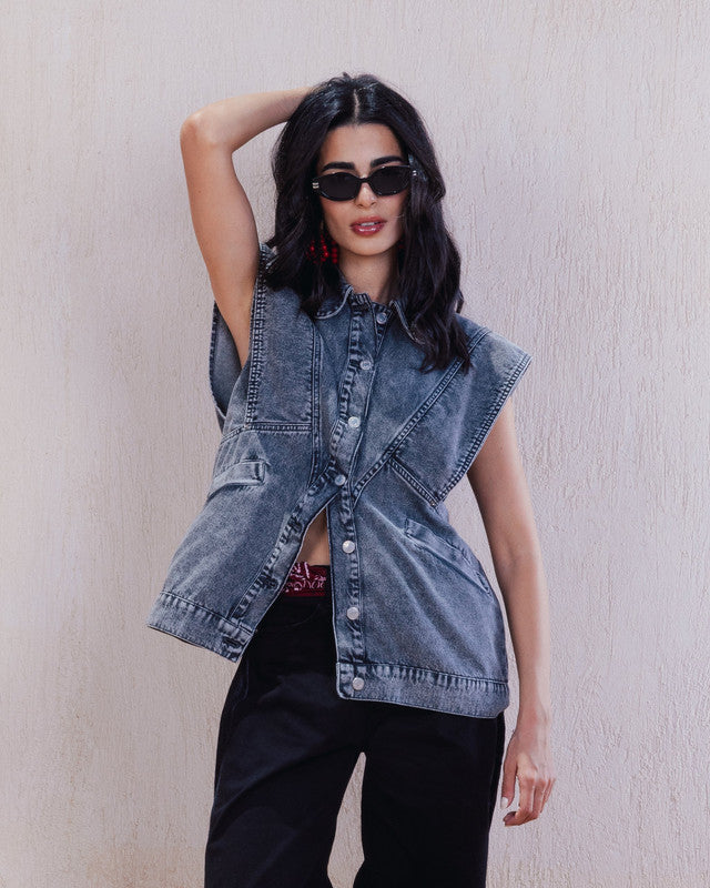 Washed Oversized Denim Vest – Dark Grey