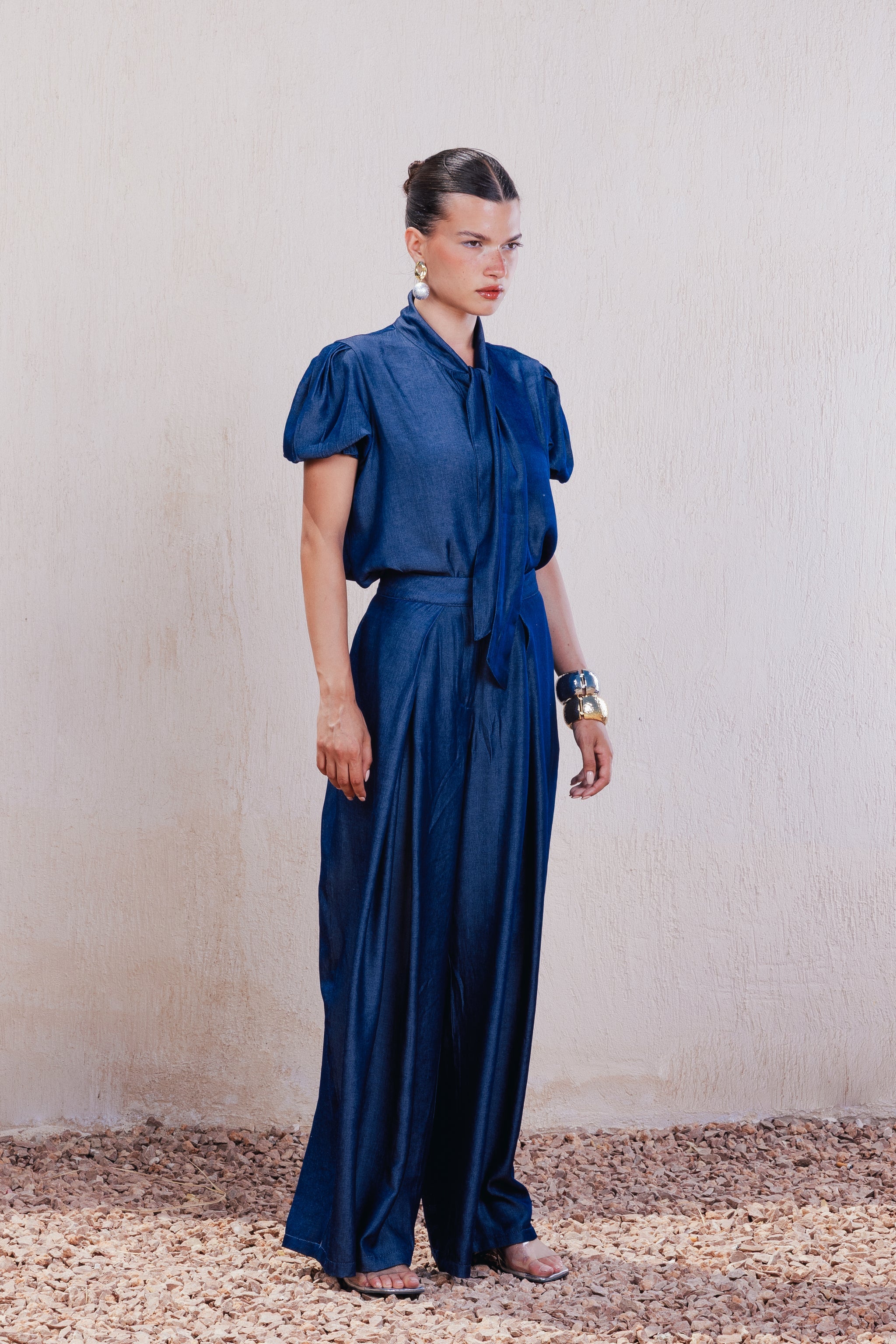 Pleated Lightweight Denim Pants - Navy