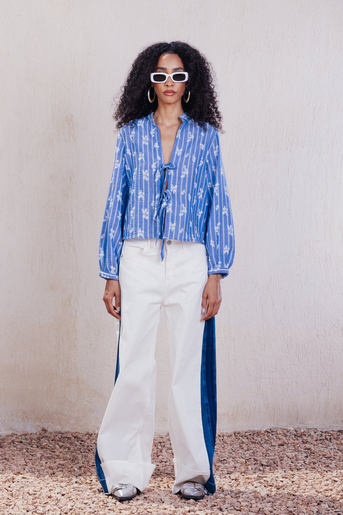 Tie-Front Embroidered Blouse - Blue