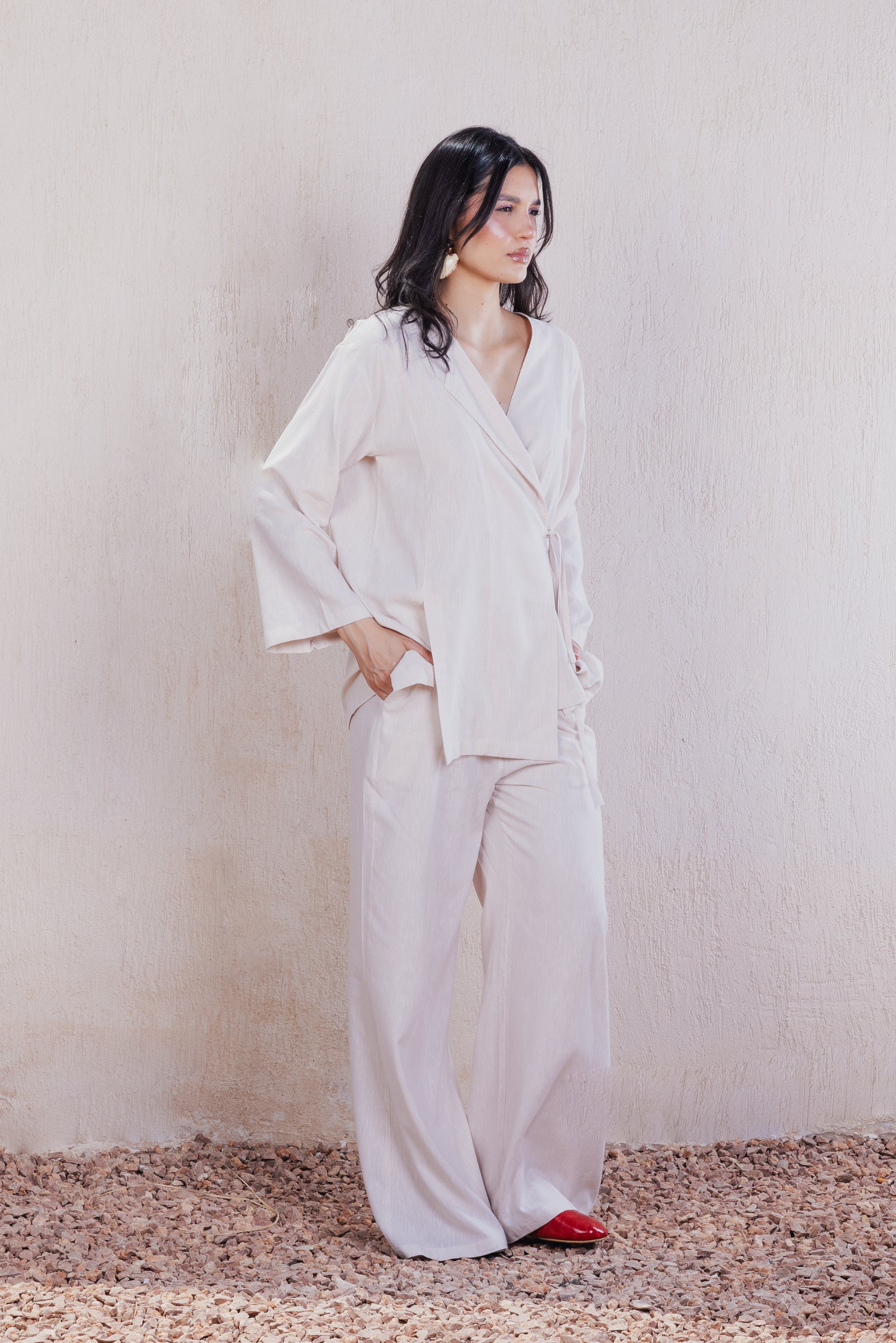 Buttoned Wide-Leg Pants - Beige