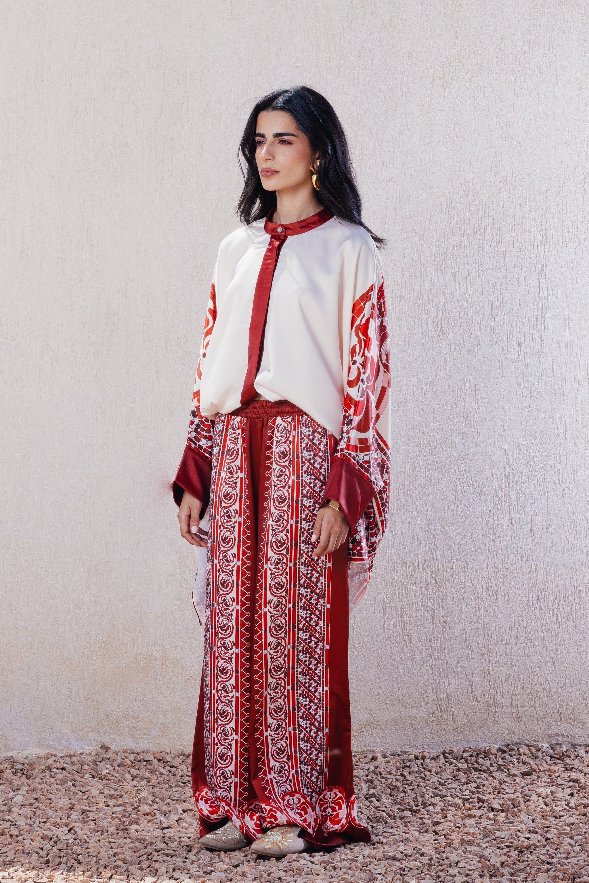 Floral Hem Straight Pants - Red