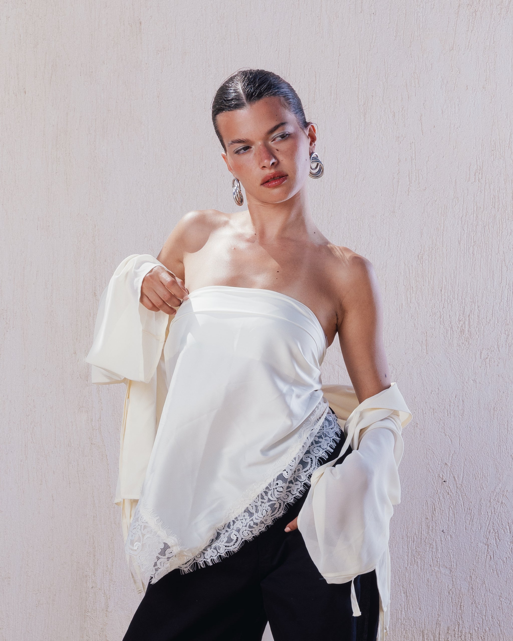 Lace Trim Satin Scarf - Off-White