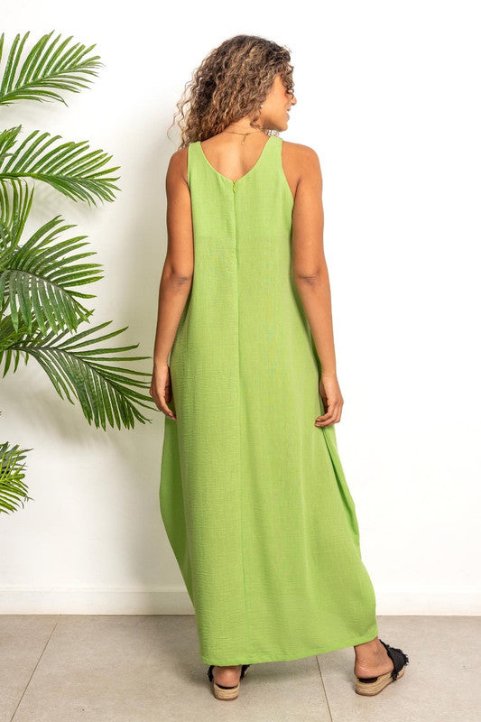 Cotton Lycra Long Linen Dress – Apple Green