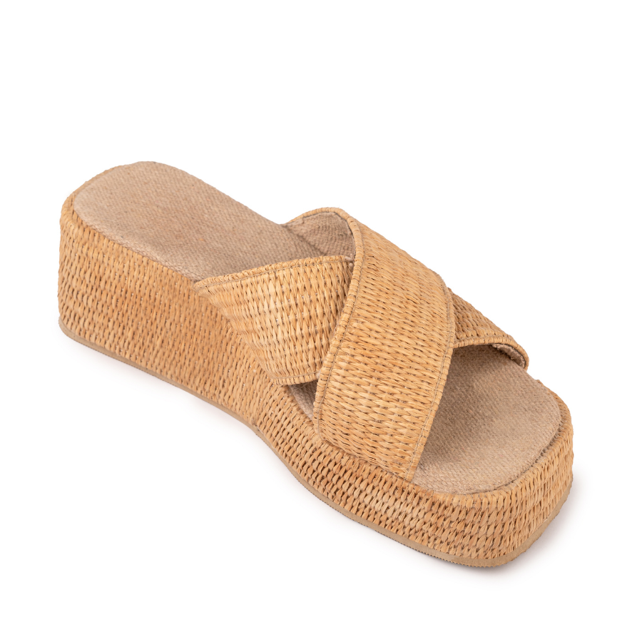 Raffia Platforma Cross Slippers - Beige