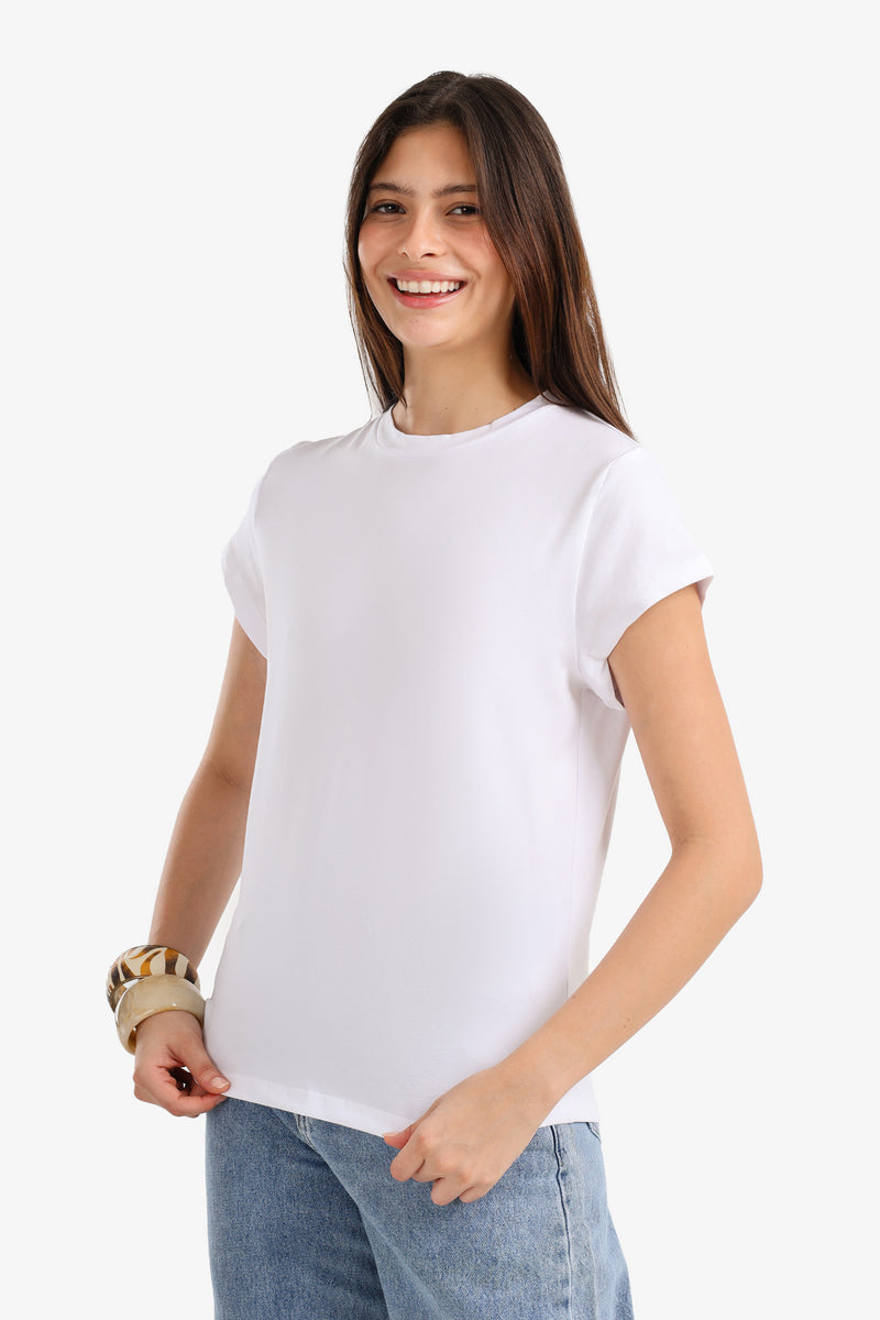 Plain Crew Neck Short Sleeve Top – White