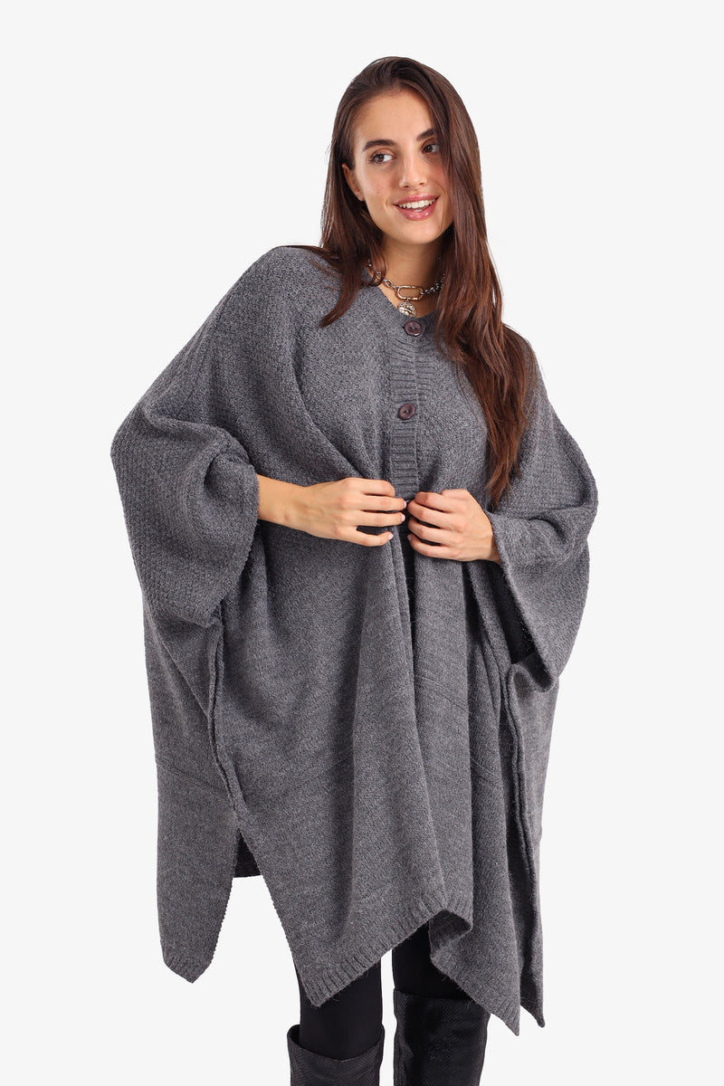 Acrylic Blend Solid Asymmetrical Buttoned Poncho – Grey