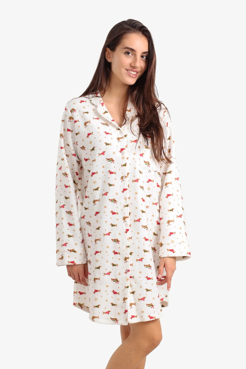 Polyester Fleece Printed Night Shirt – White