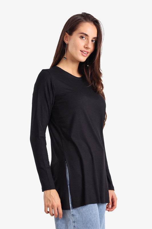 Relaxed Fit Crew Neck T-Shirt with Side Slits – Black