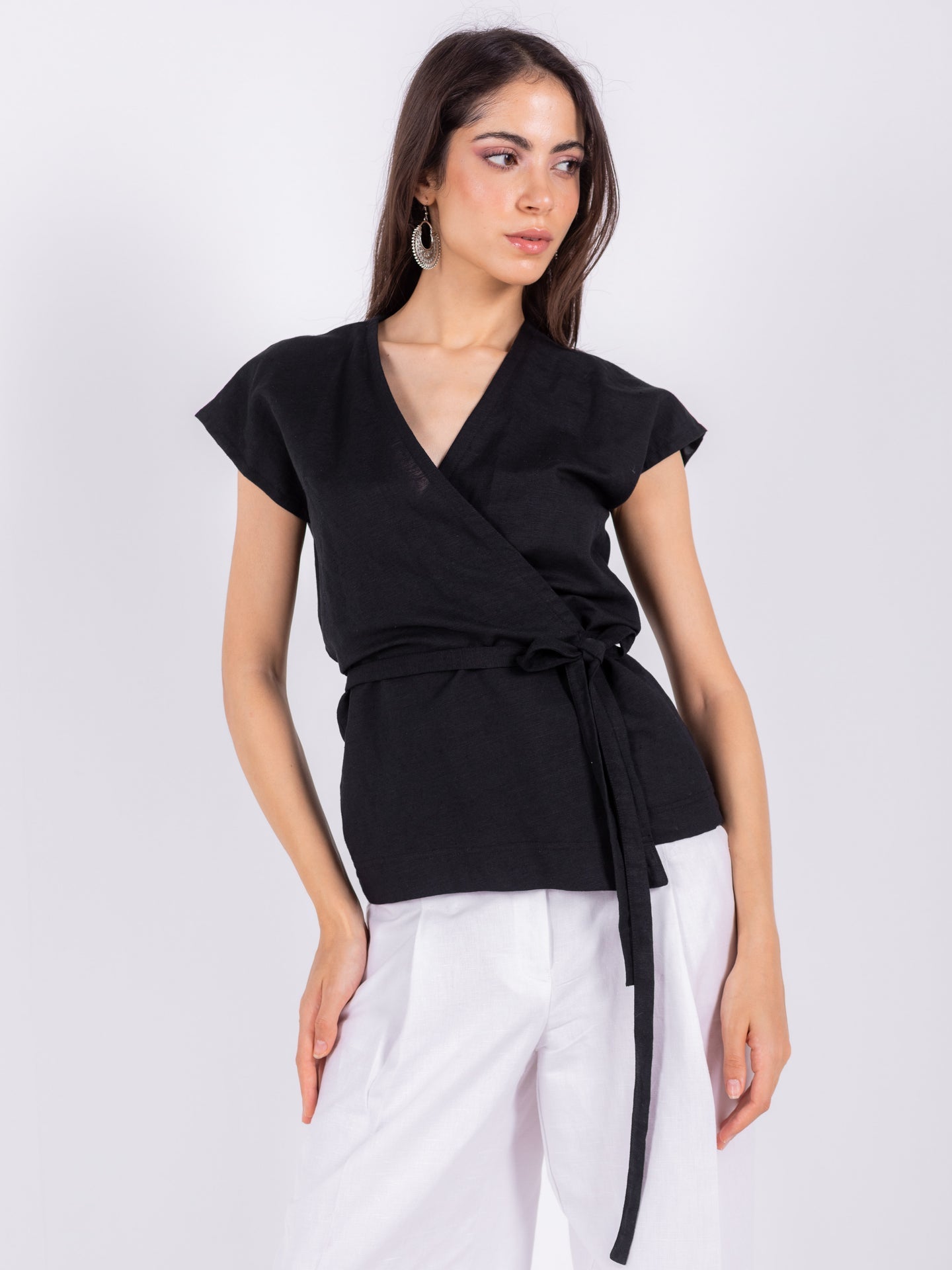 Linen Kimono Wrap Top – Black