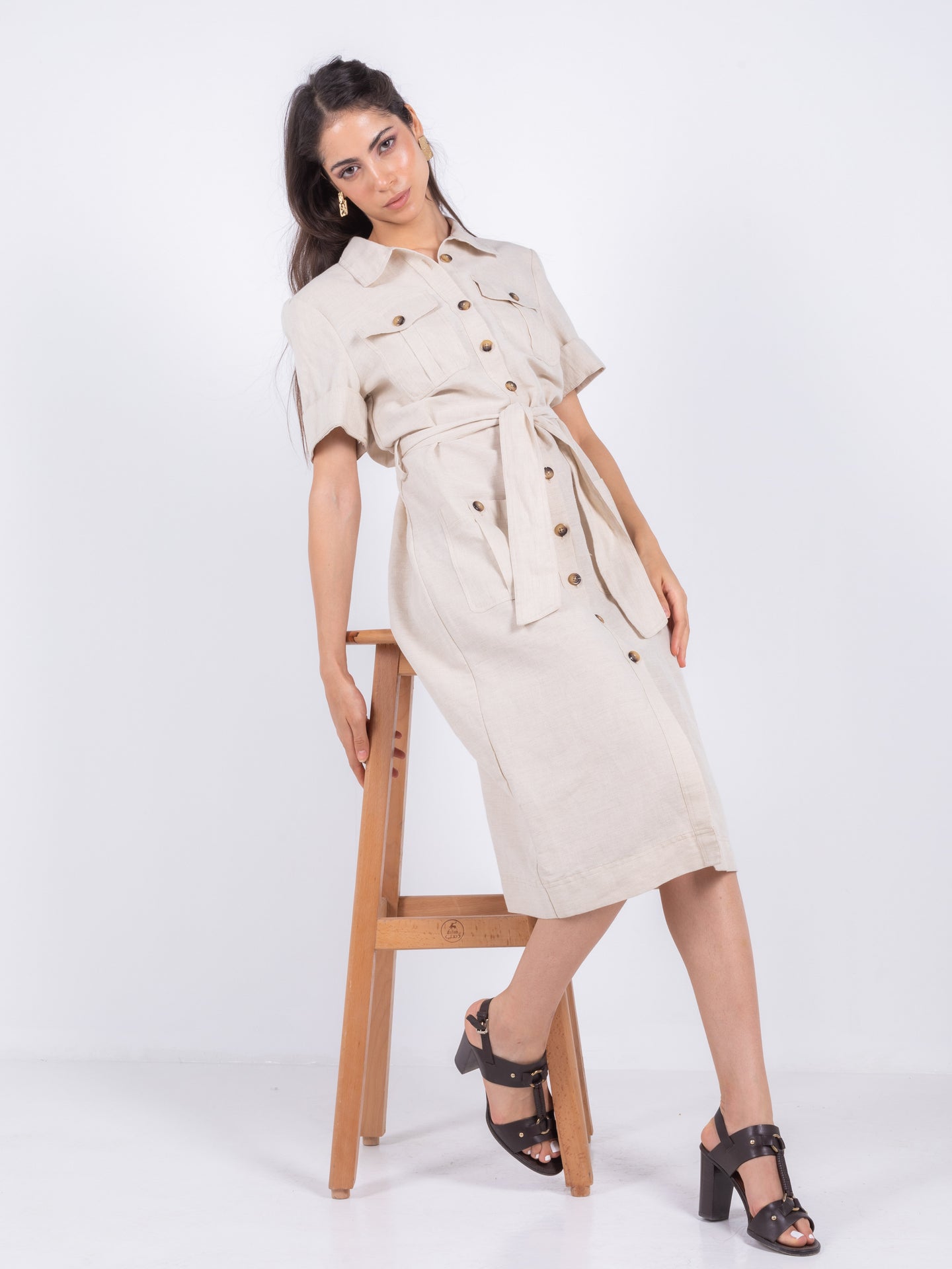 Linen Shirt Midi Dress – Beige