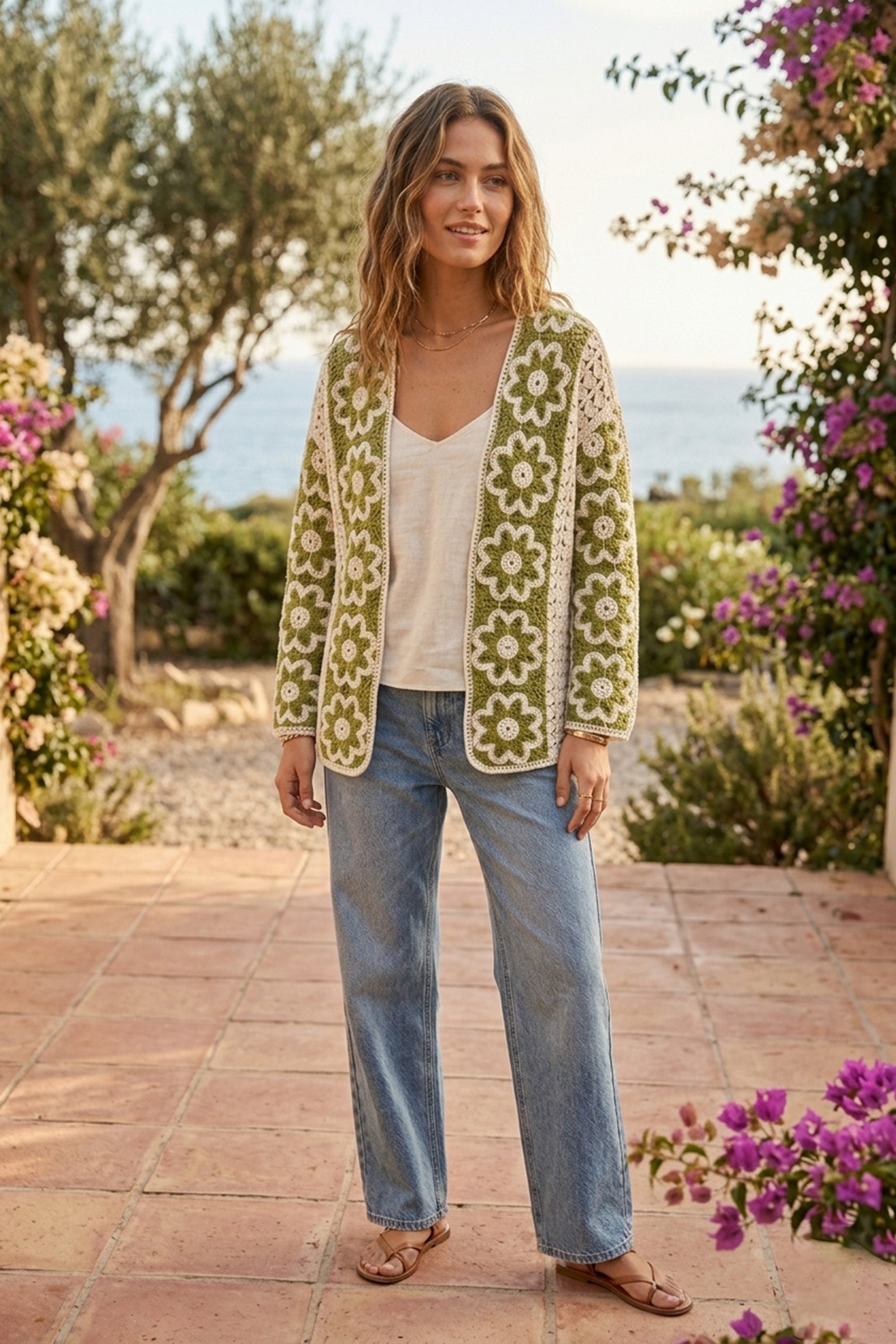 Floral Crochet Open-Front Cardigan - Olive