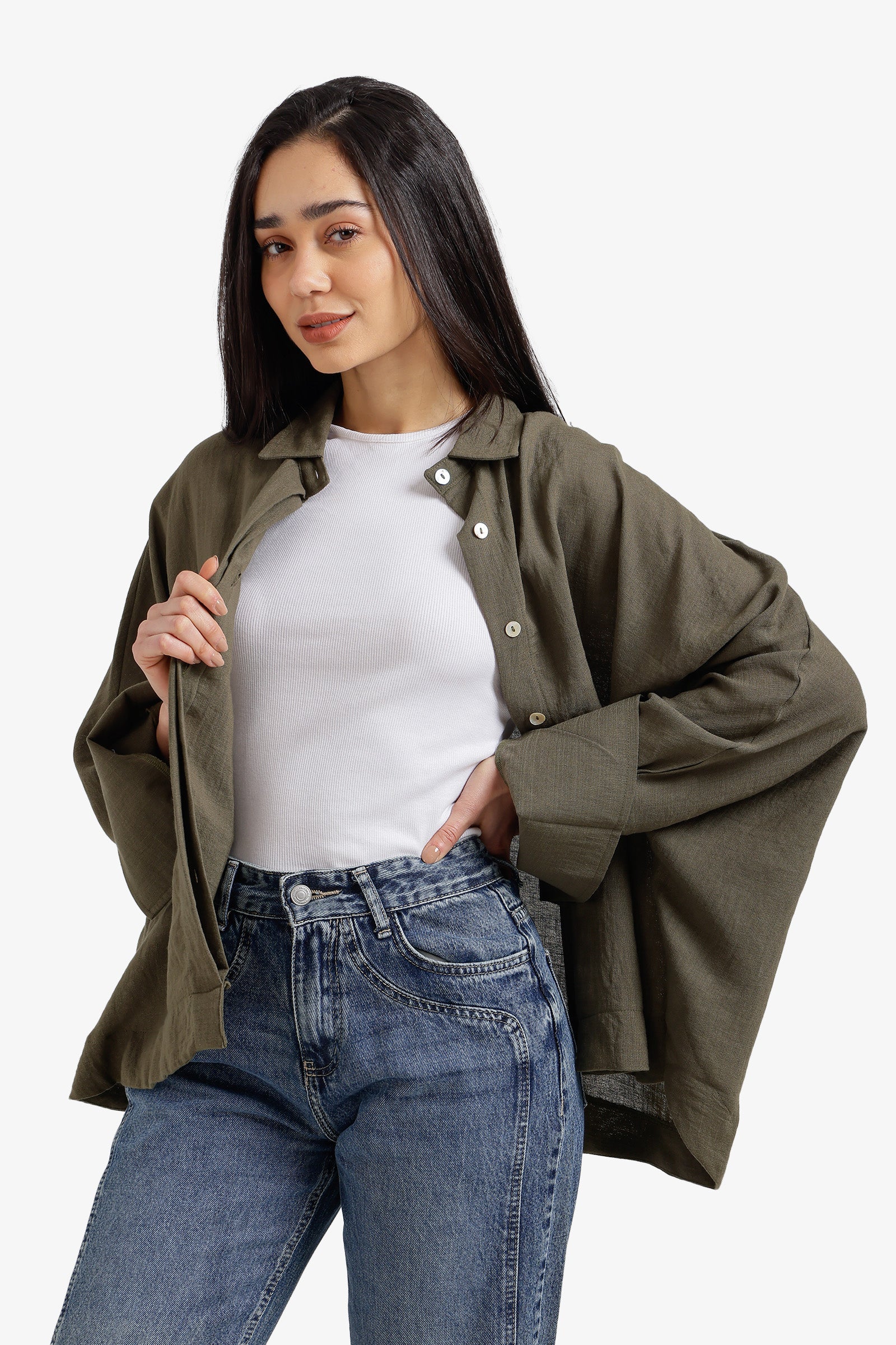 Plain Hidden Placket Oversized Shirt – Olive