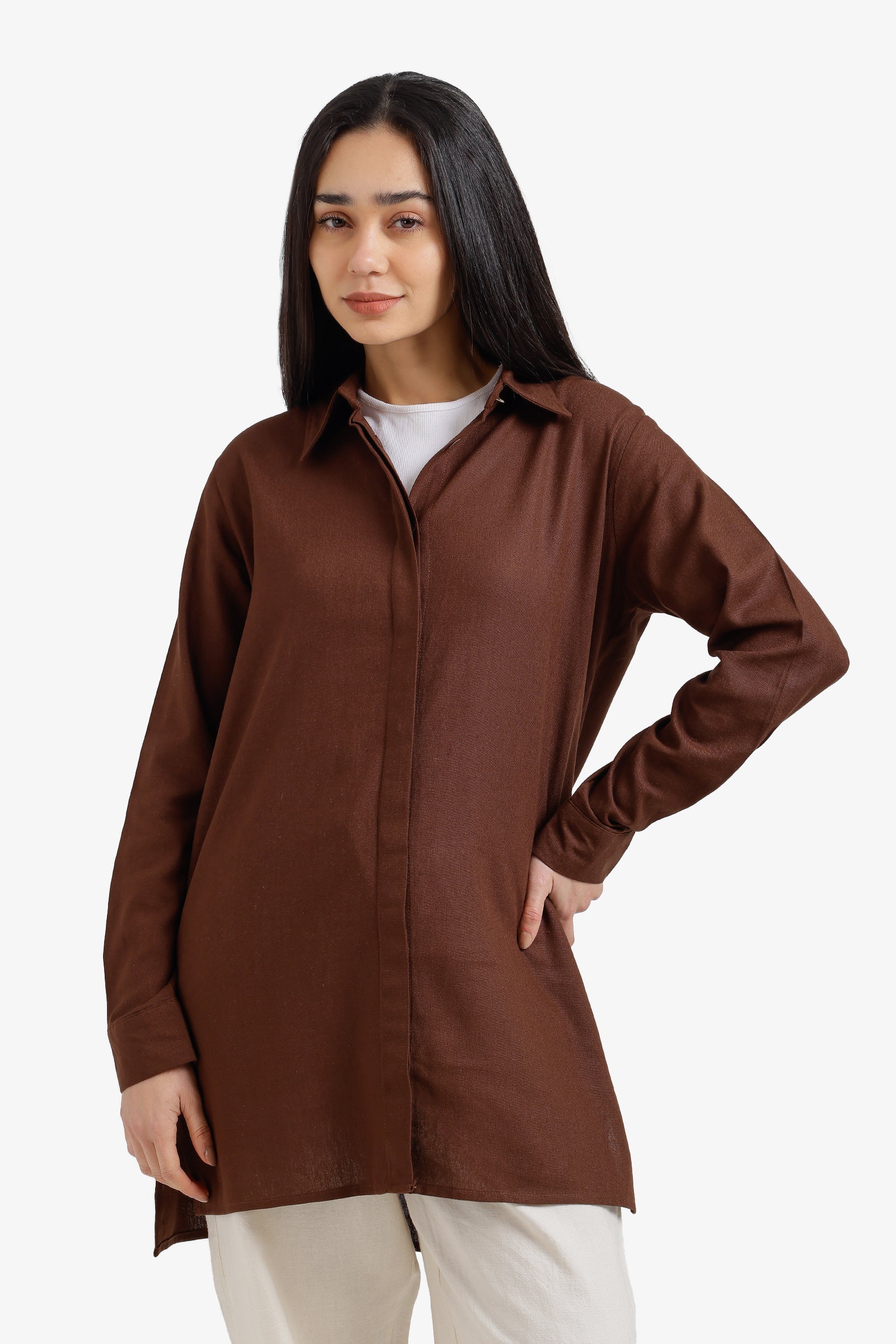 Plain Hidden Placket Long Shirt – Dark Brown