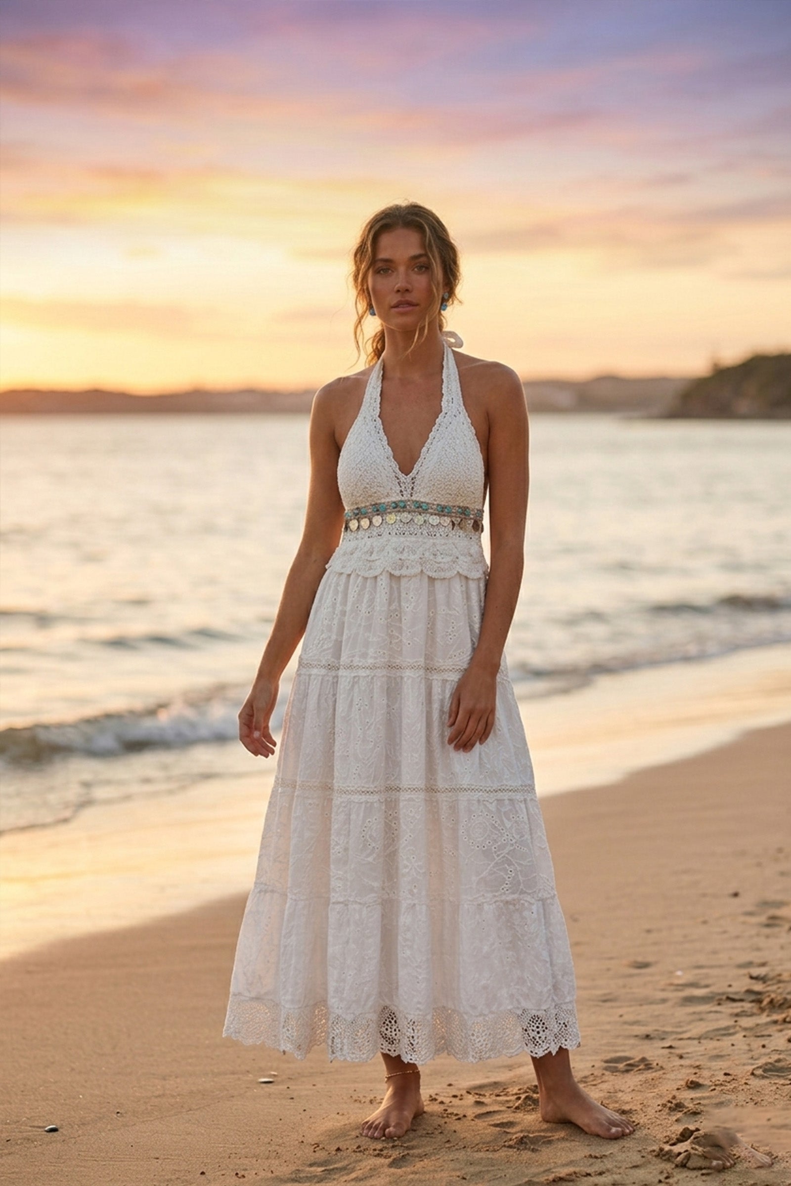 Crochet Halter Maxi Beach Dress - White