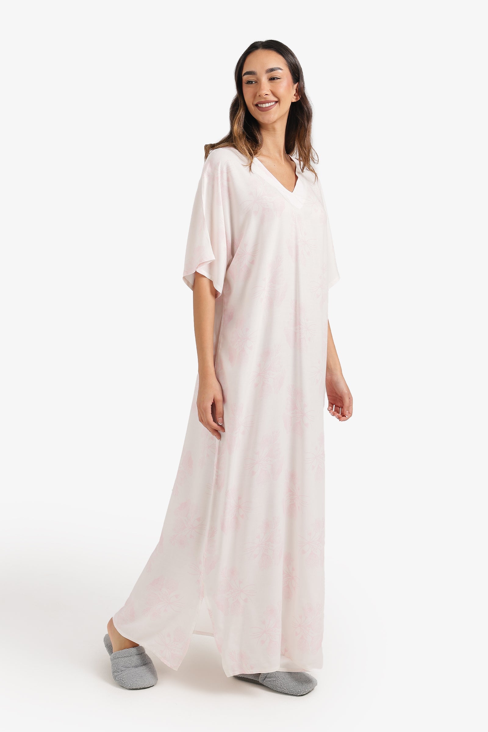 Floral Print V-Neck Nightgown – Off White