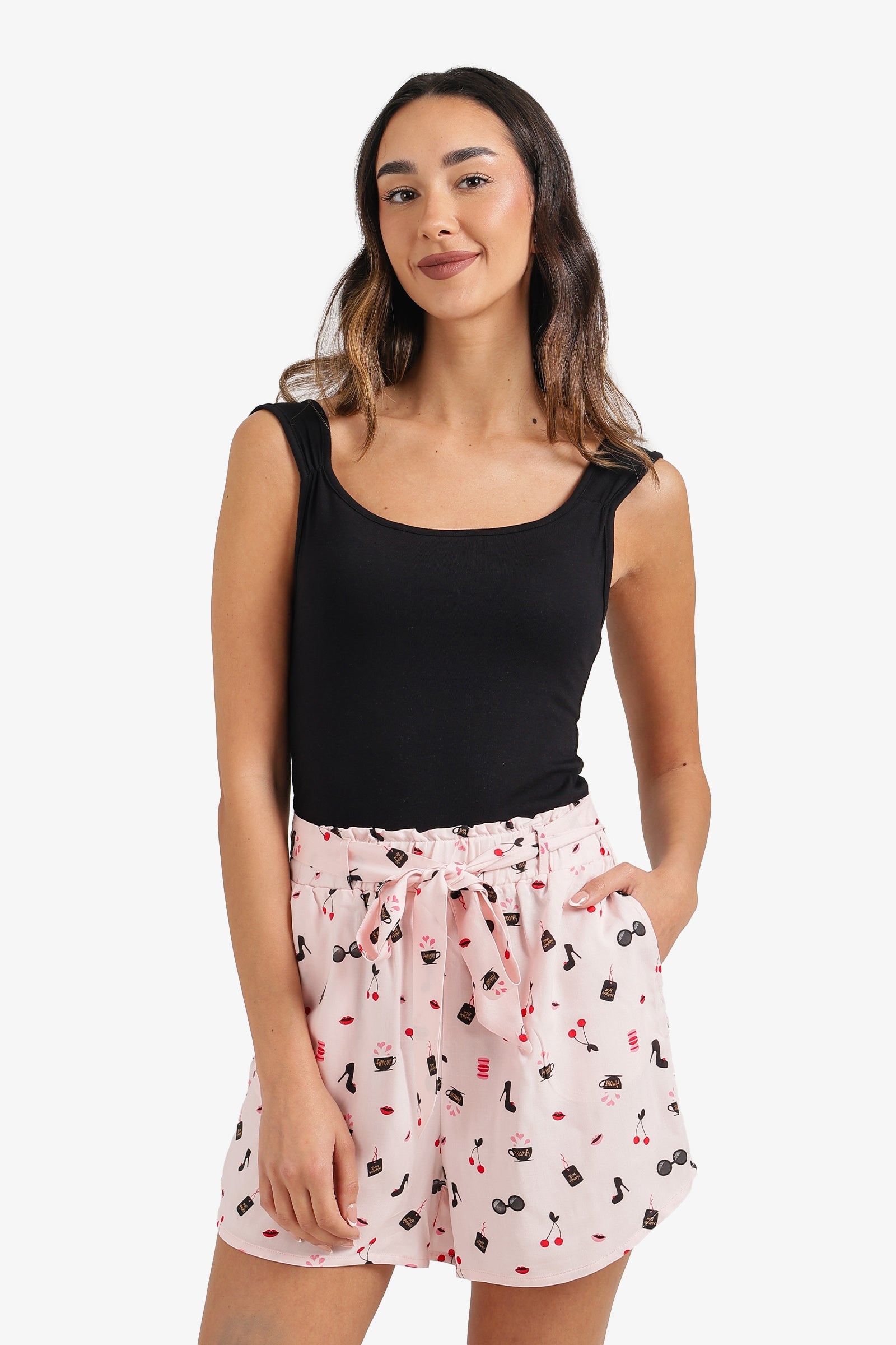 Printed Tie-Waist Scoop Neck Pajama Set – Multicolor