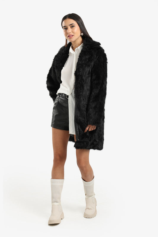 Sherpa Solid Above-Knee Coat – Black