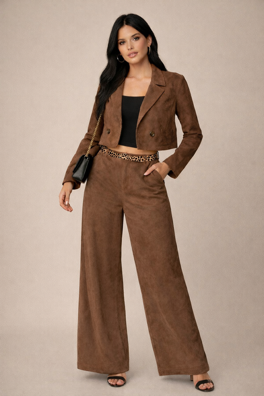 Suede Cropped Tailored Set – Brown