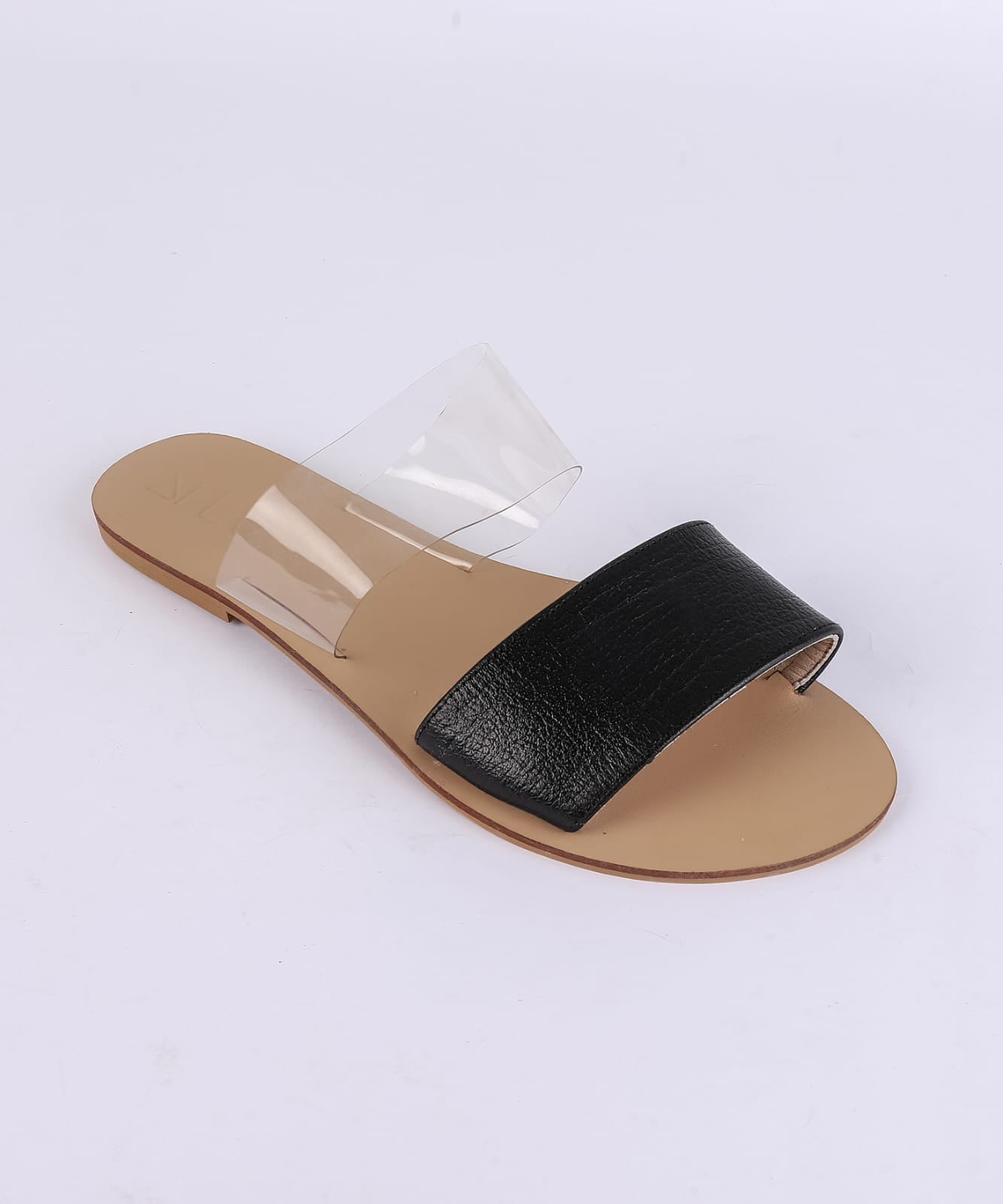 Faux Leather Double Strap Flat Slippers - Black