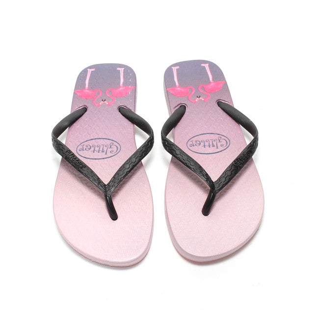 Flamingo Print Flip Flops – Purple