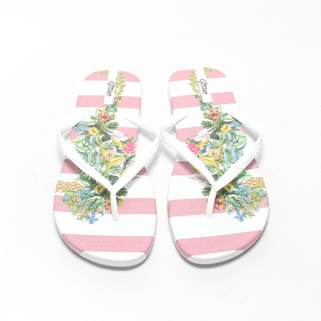 Striped Floral Print Flip Flops – Pink