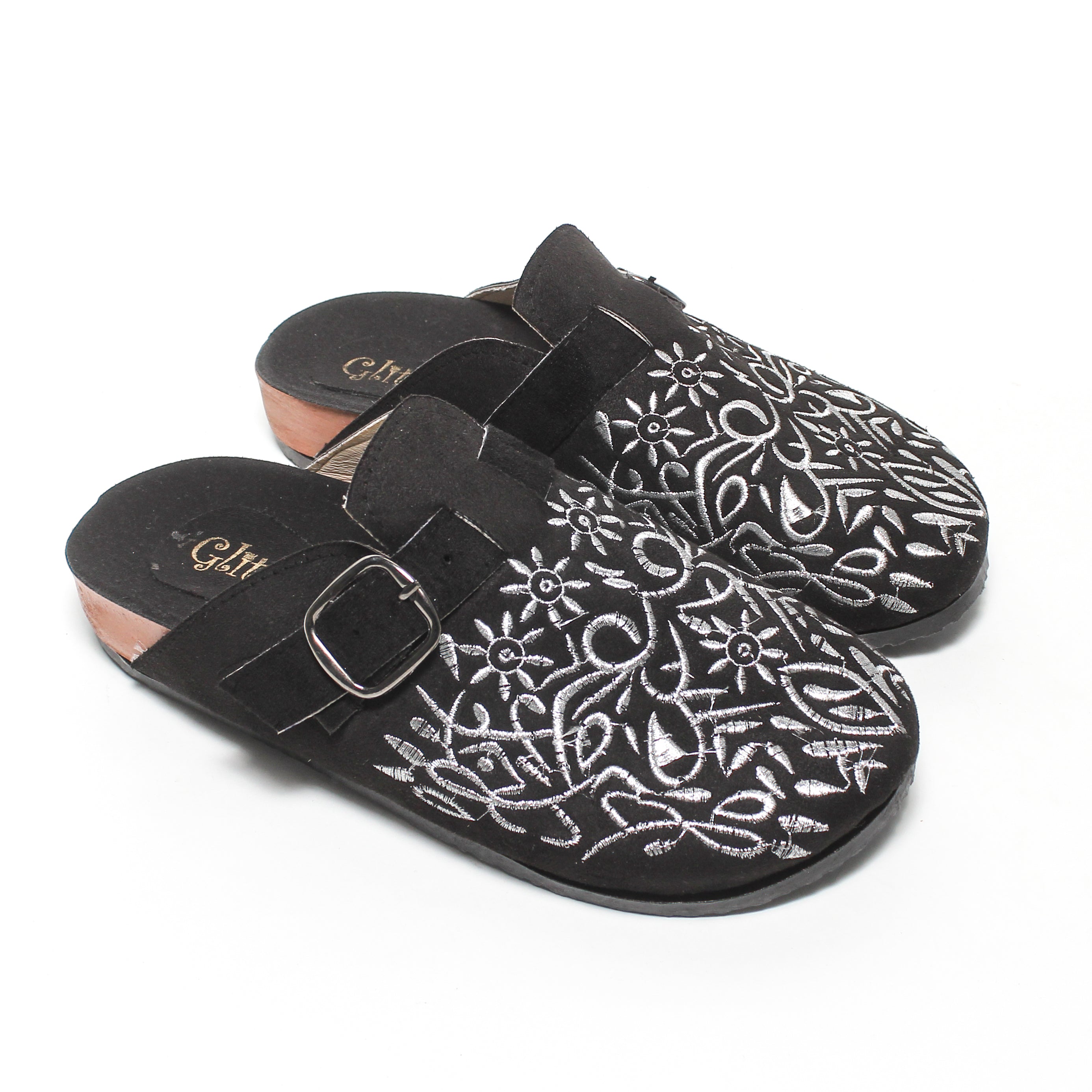 Floral Embossed Buckle Suede Mules – Black