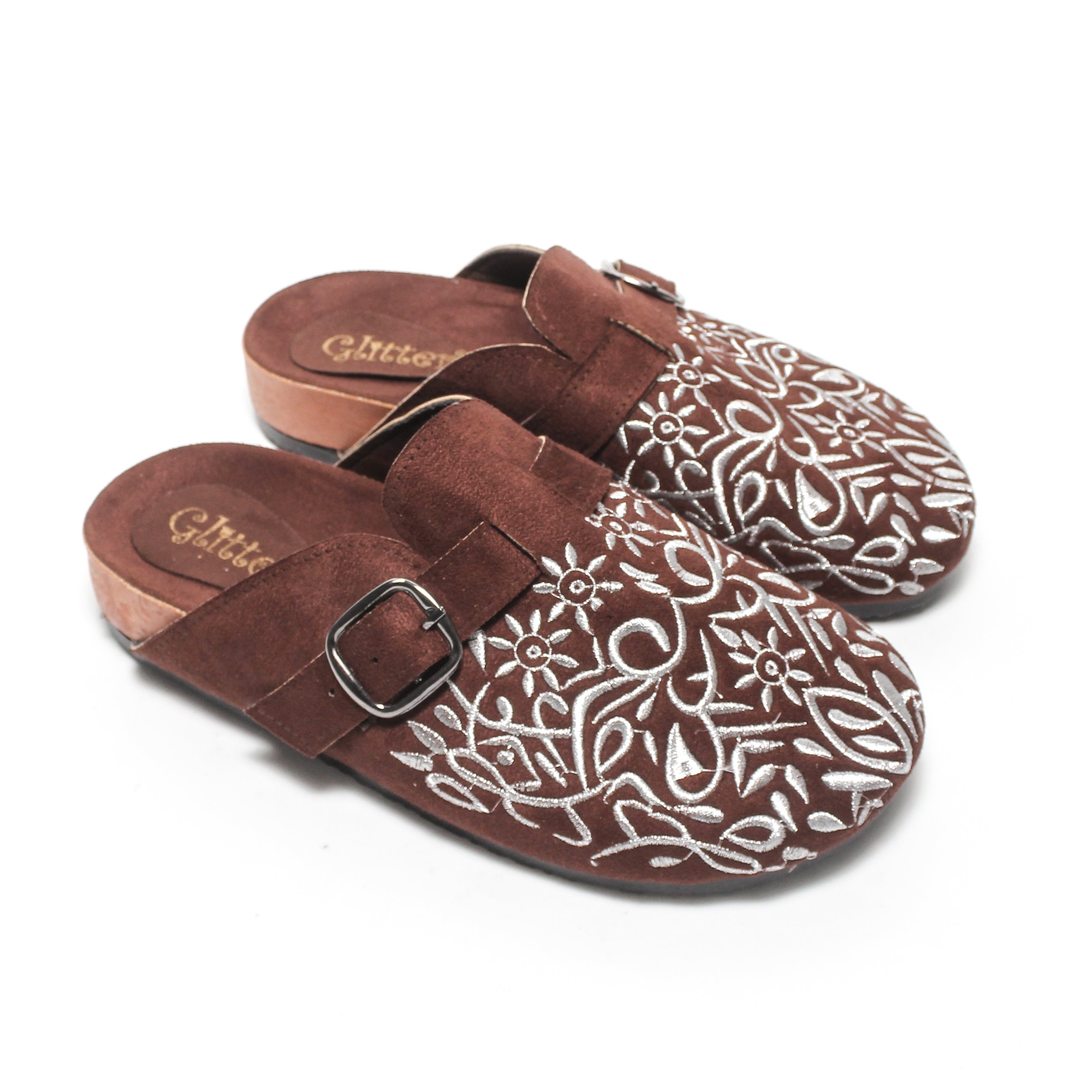 Floral Embroidered Buckle Suede Mules – Brown