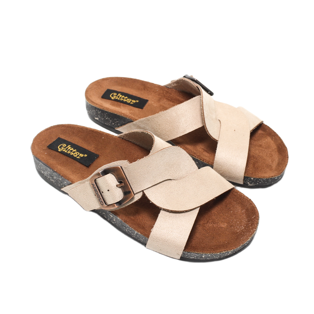 Crisscross Buckle Comfort Suede Slippers – Beige