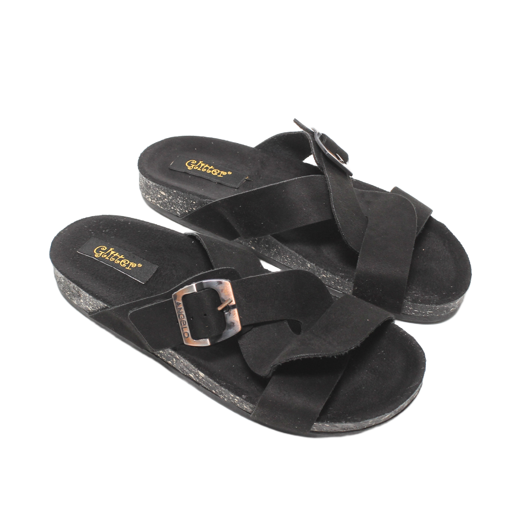 Crisscross Buckle Comfort Suede Slippers – Black