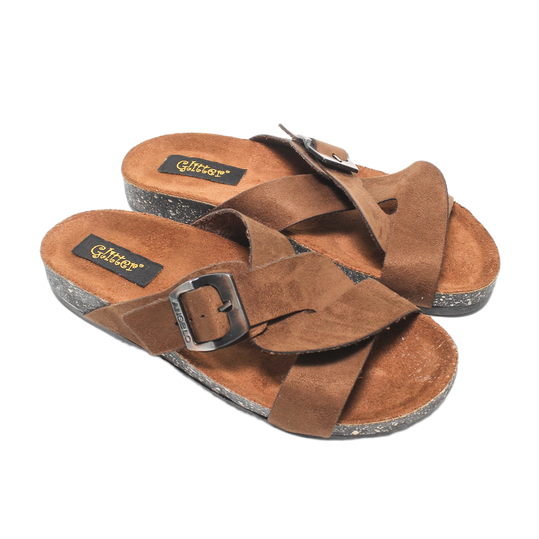 Crisscross Buckle Comfort Suede Slippers – Brown